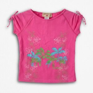 Caribbean Joe Pink Palm Tree Hibiscus Graphic Tee Cinched Tie Shoulder Top Small